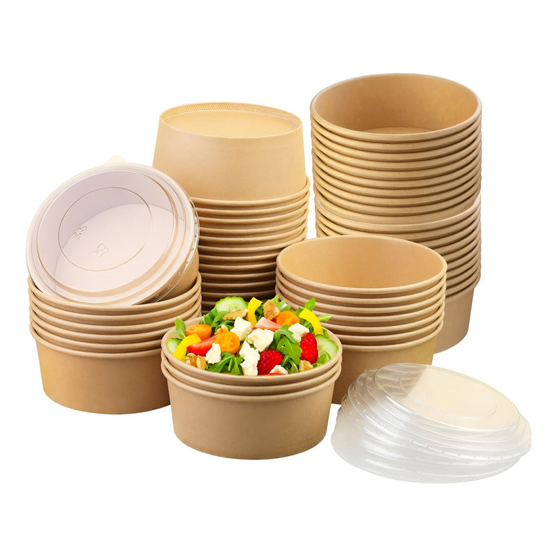 Pack X200 Bowls Plastico Bowl Con Tapa Polipapel Kraft 500cc