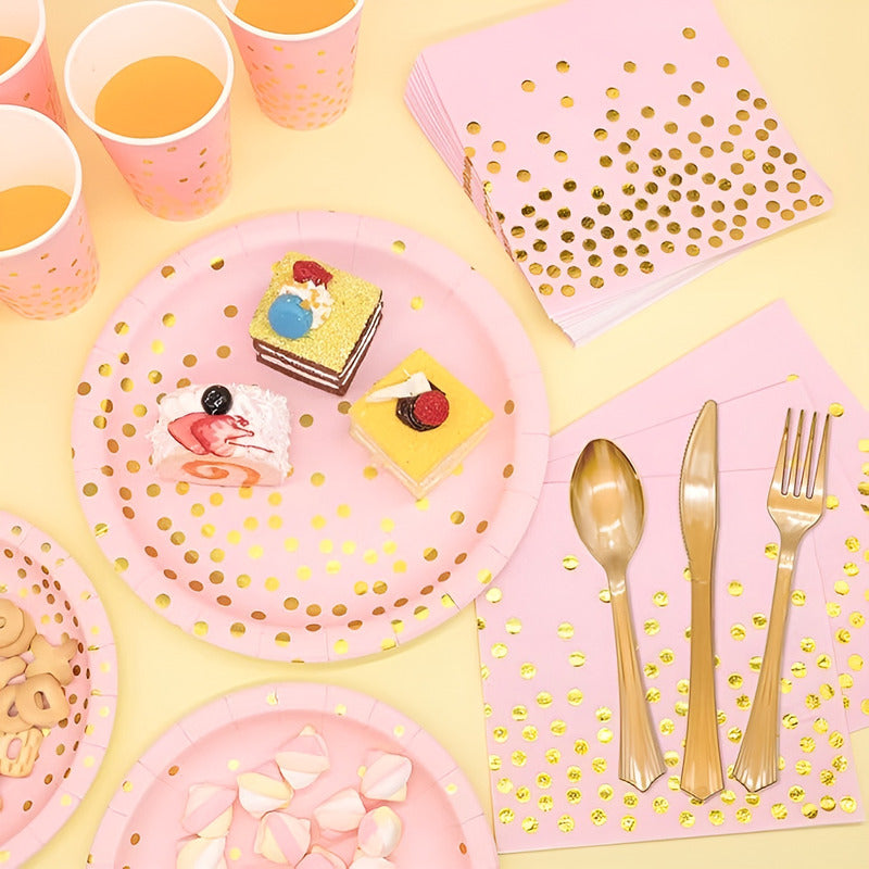 110 Vajilla De Cumpleaños Servilleta Vaso Plato Desechables Rosa / Lunares Dorado