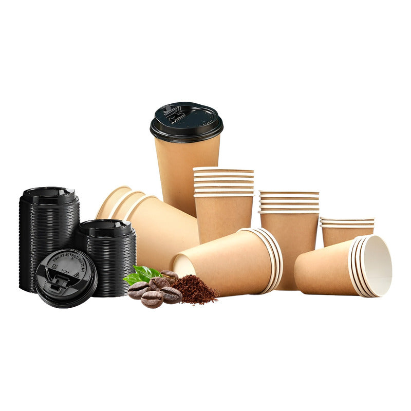 100 Vasos Kraft Vaso Para Cafe Vaso Kraft Papel C/tapa 12oz Marrón Claro / Vaso Doble Pared 12oz