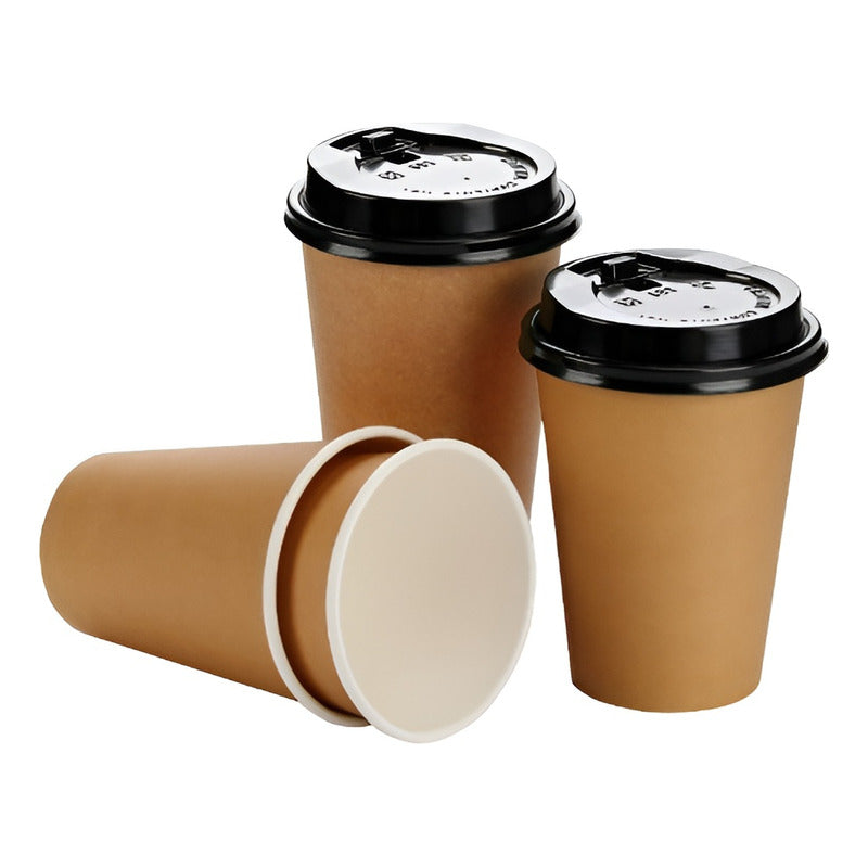 100 Vasos Kraft Vaso Para Cafe Vaso Kraft Papel C/tapa 12oz Marrón Claro / Vaso Doble Pared 12oz
