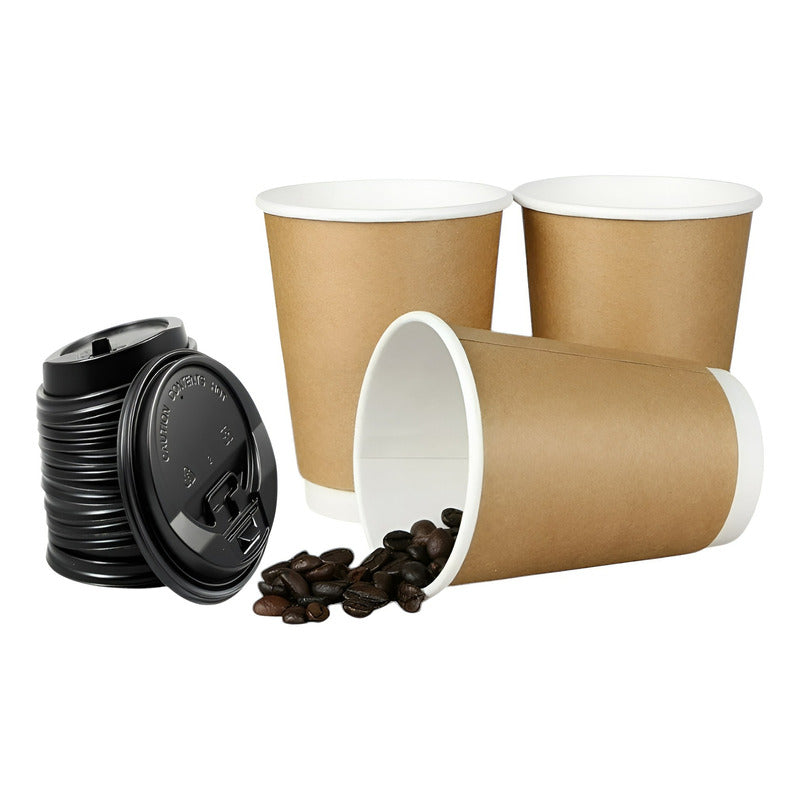 25 Vasos Desechables Vaso Cafe Kraft Doble Pared C/tapa 12oz Marrón Claro / Vaso Kraft Doble Pared 12oz