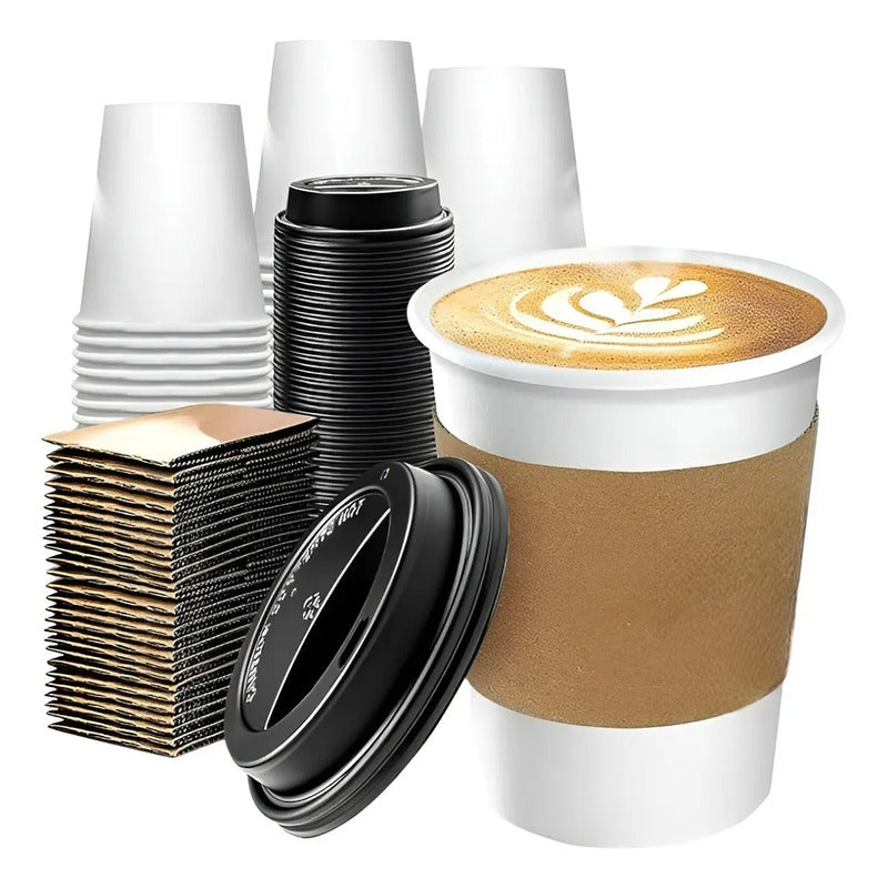 Vaso Cafe Kraft Vasos Polipapel Vaso C/tapa+manga 150und 8oz Termico Polipapel Vaso Con Tapa Kraft Vaso De Café... Blanco