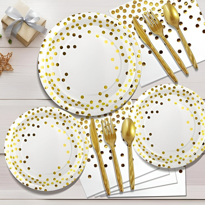 X110 Kit De Cumpleaños Vasos Platos Servilletas Desechables Blanco/ Lunares Dorado