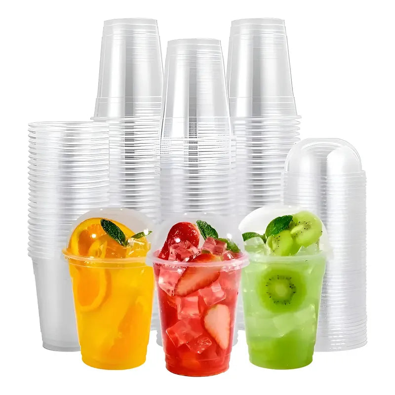 Pack De 100 Vasos De Plástico Desechables Transparentes Con Tapa Domo Y Agujero, 12 Oz Transparente