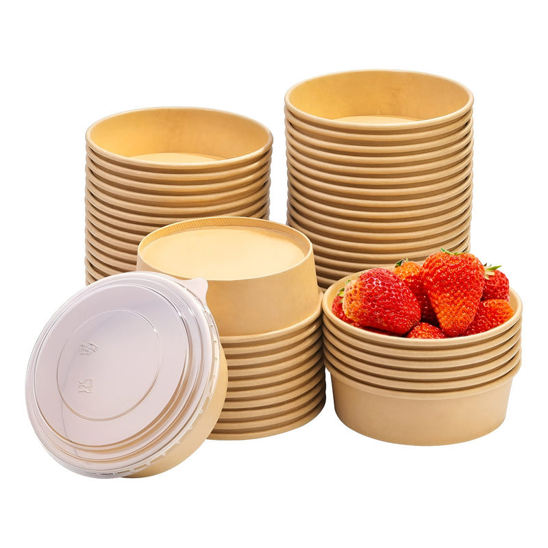 Pack X100 Bowl Con Tapa Bowls Plastico Polipapel Kraft 500cc Beige / Bowl Con Tapa 500cc