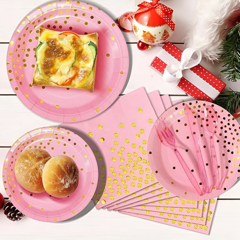 X110 Kit Cumpleaños Vasos Platos Servilletas Desechables Rosa/ Lunares Dorado