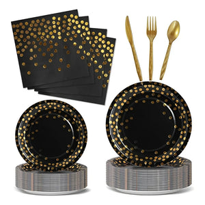 X111 Kit Cumpleaños Vasos Platos Servilletas Desechables Negro/ Lunares Dorado