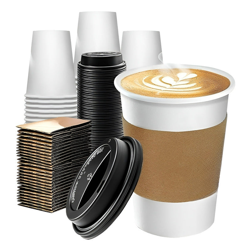 Vaso Cafe Polipapel Vasos Kraft Vaso C/tapa+manga 50und 12oz Blanco / Vaso 12oz