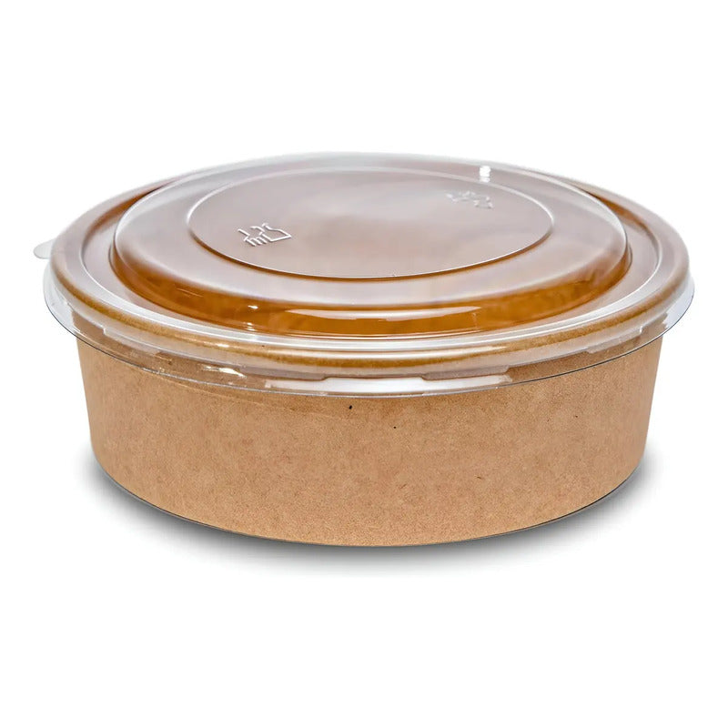 Pack X100 Bowl Con Tapa Bowls Plastico Polipapel Kraft 500cc Color Beige / Bowl Con Tapa 500cc