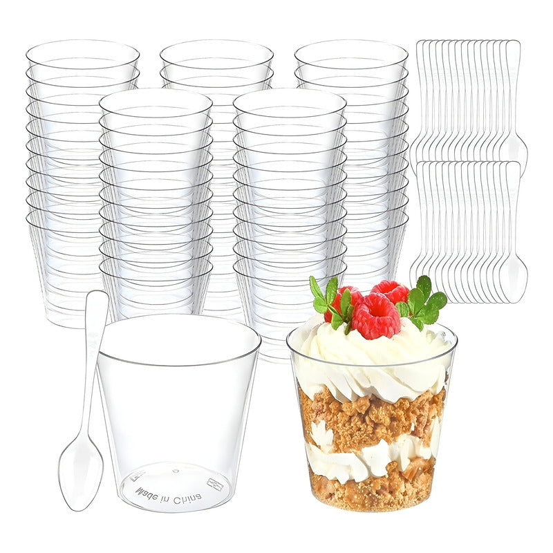Pack X50 Vasos Postres + 50 Cucharas Postres Desechables Trasnparente / Vasos Postres Y Cucharas