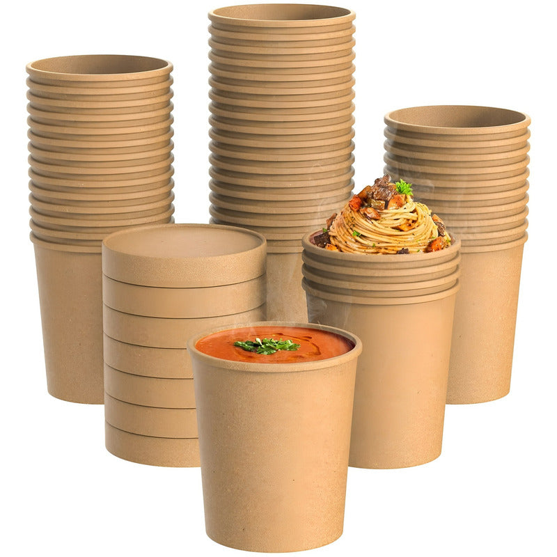 Pack X50 Pote Kraft Contenedor De Alimentos Pote C/tapa 16oz
