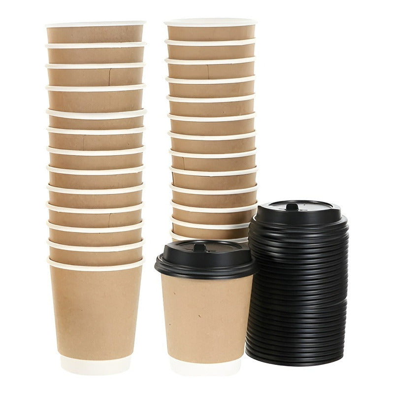 X50 Vaso Cafe Kraft Vasos Desechables Doble Pared C/tapa 8oz Marrón Claro / Vaso Kraft Doble Pared 8oz