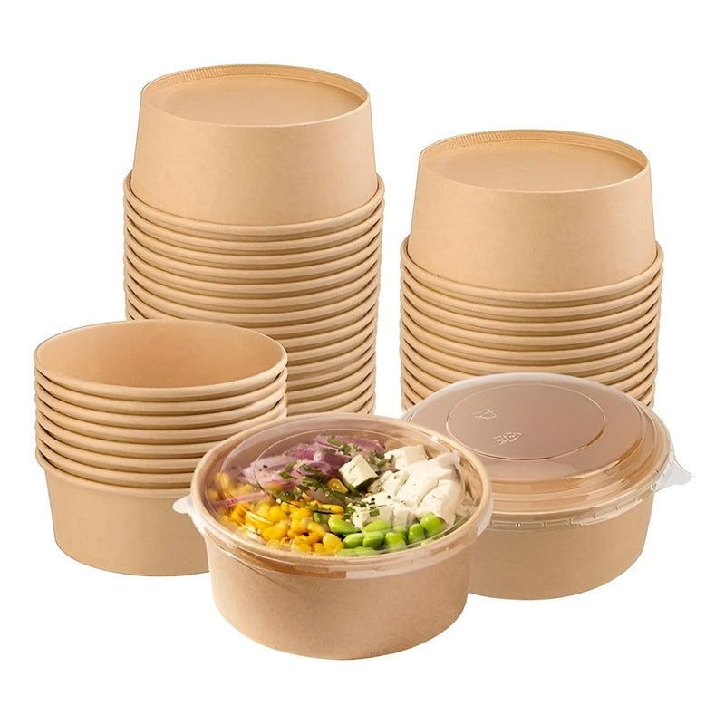 50 Bowl Con Tapa Bowls Plastico Polipapel Kraft Envase 500cc