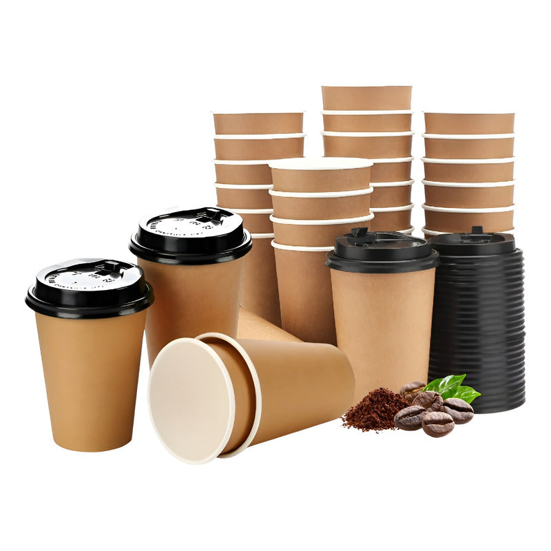 X150 Vasos Para Cafe Vaso Kraft Vaso Polipapel C/tapa 12oz Beige.