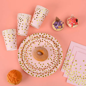 X110 Kit Cumpleaños Vasos Platos Servilletas Desechables Rosa/ Lunares Dorado