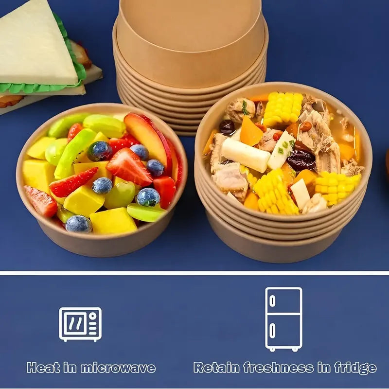 Pack X100 Bowl Con Tapa Bowls Plastico Polipapel Kraft 500cc Color Beige / Bowl Con Tapa 500cc
