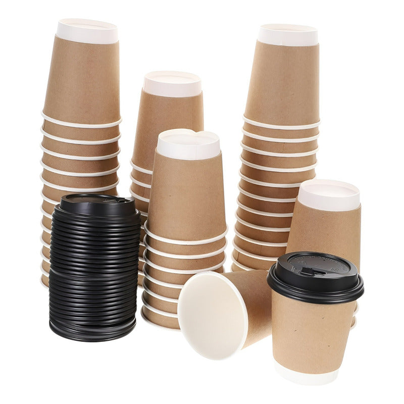 Pack X200 Vaso Desechables Vaso Kraft Doble Pared C/tapa 8oz