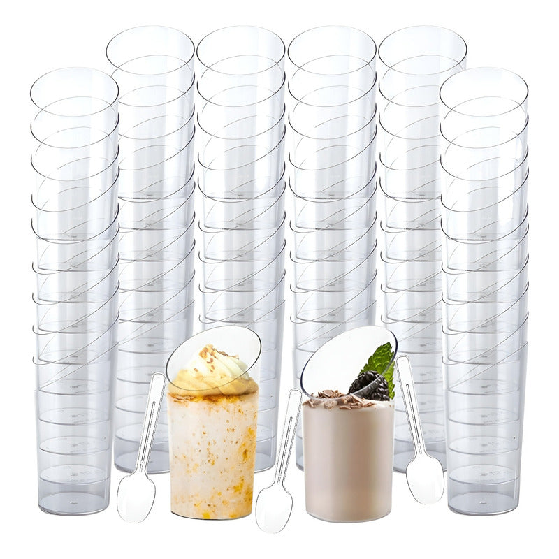 X200 Vasos Postres 60ml + 250 Cucharas Postres Desechables Trasnparente / Vasos Angulo Y Cucharas