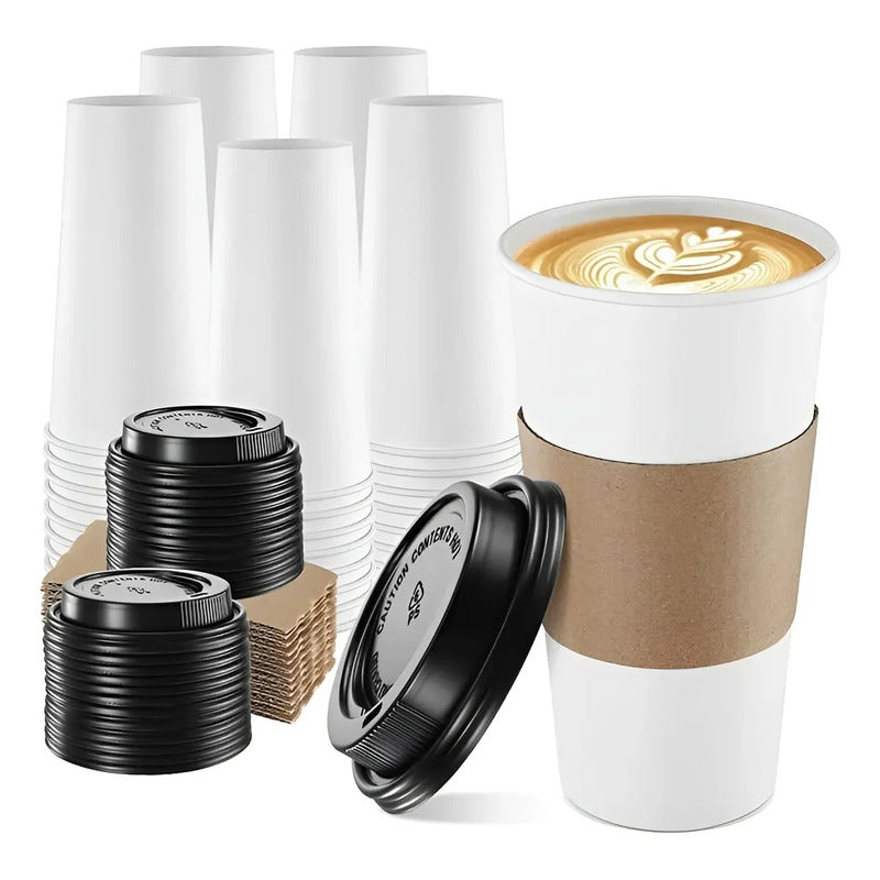Vaso Cafe Polipapel Impreso Vaso Con Tapa Y Manga 100und 16oz Vasos Desechables Café Foodtruck Vaso Desechable Térmico Polipapel Con Tapa Manga Vasos Desechables Para Cafeterías Pasteleriuscl Blanco