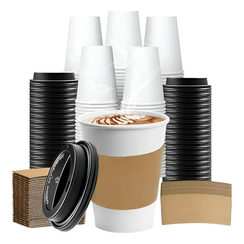Vaso Cafe Polipapel Vaso Kraft Vaso C/tapa+manga 12oz 100und Blanco / Vaso 12oz