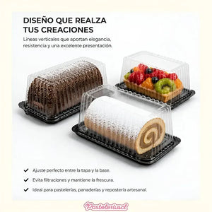 70 Bandejas Para Tortas Porta Brazo De Reina 28x17x11cm Base Y Cúpula Para Rollo Suizo Envase Cúpula Plástica Bandeja... Negro