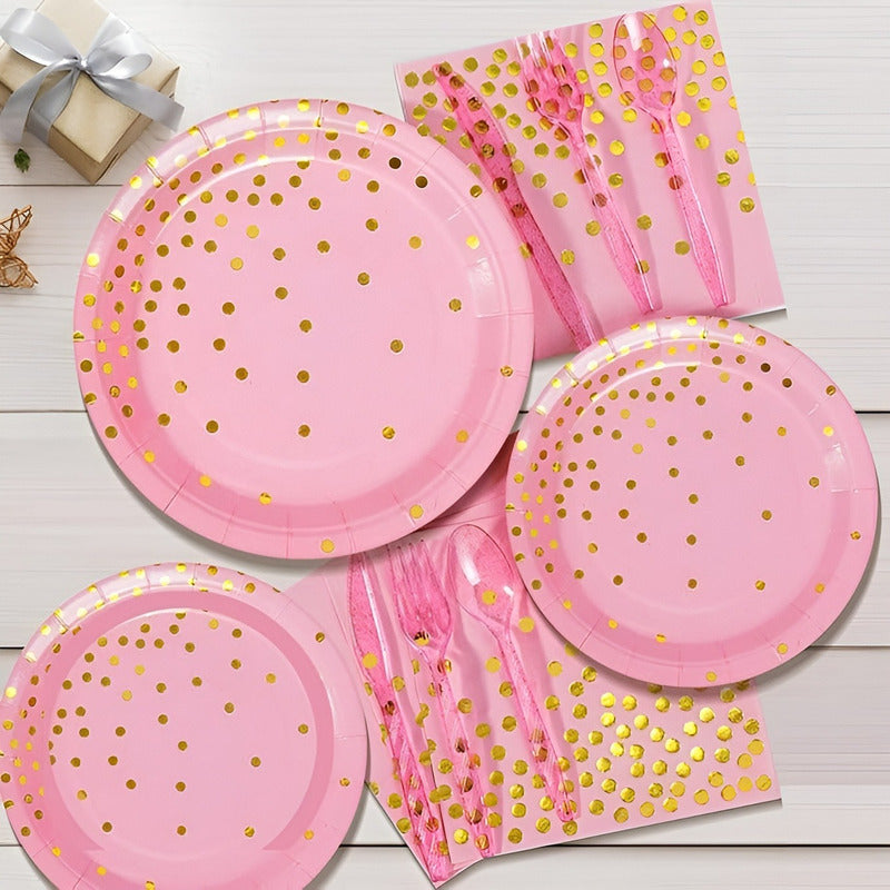 X110 Kit Cumpleaños Vasos Platos Servilletas Desechables Rosa/ Lunares Dorado