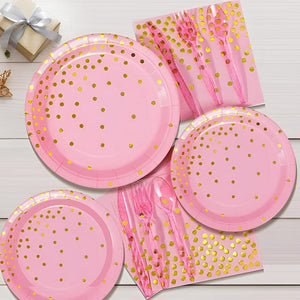 X110 Kit Cumpleaños Vasos Platos Servilletas Desechables Rosa/ Lunares Dorado