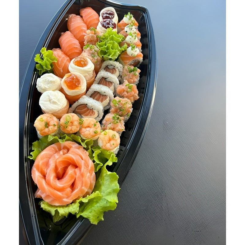 100 Envases Barcos De Sushi Bandeja C/tapa Barco Para Sushi Negro / Envase Para Sushi Sin Divisiones