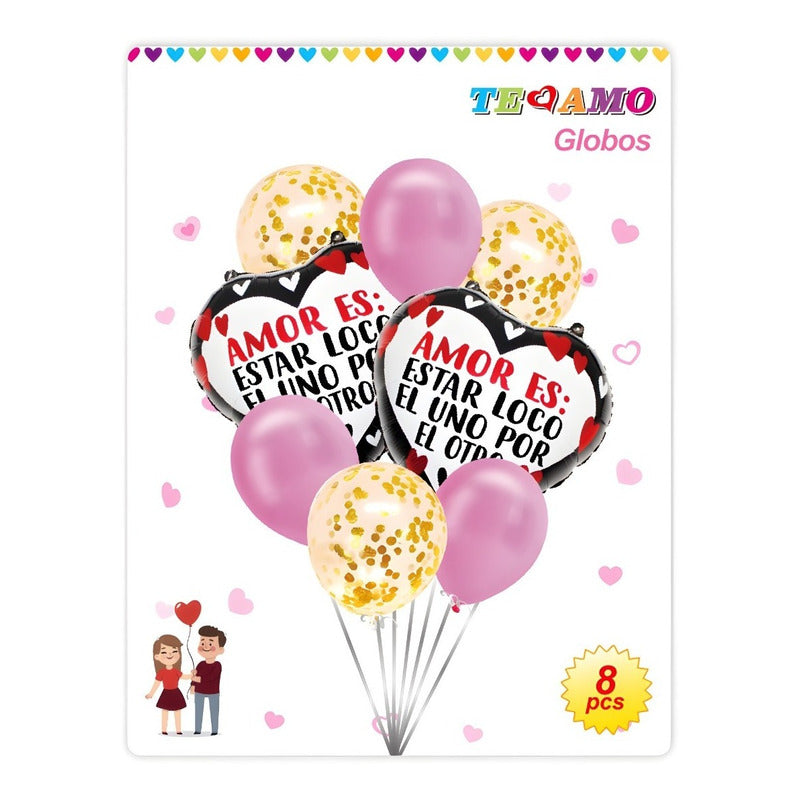 8 Globos Decoracion Cumpleaños Globos Metalico Corazon 3096 Rosado, Negro, Blanco Redondo