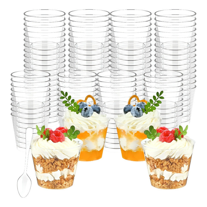 Set X100 Vasos Postres + 100 Cucharas Postres Desechables Trasnparente / Vasos Postres Y Cucharas