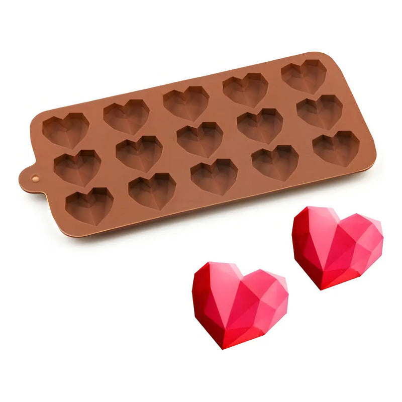 Molde Silicona Antiadherente 2x Para Chocolate Corazón Geométrico 15 Mini Marrón Claro