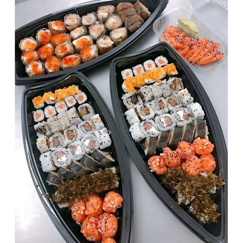 100 Envases Barcos De Sushi Bandeja C/tapa Barco Para Sushi Barco Sushi Plastico Envase Desechable Forma Barco Para Sushi C/tapa Bandejas Envase Comida Japonés Envase Delivery Envases Pasteleriuscl