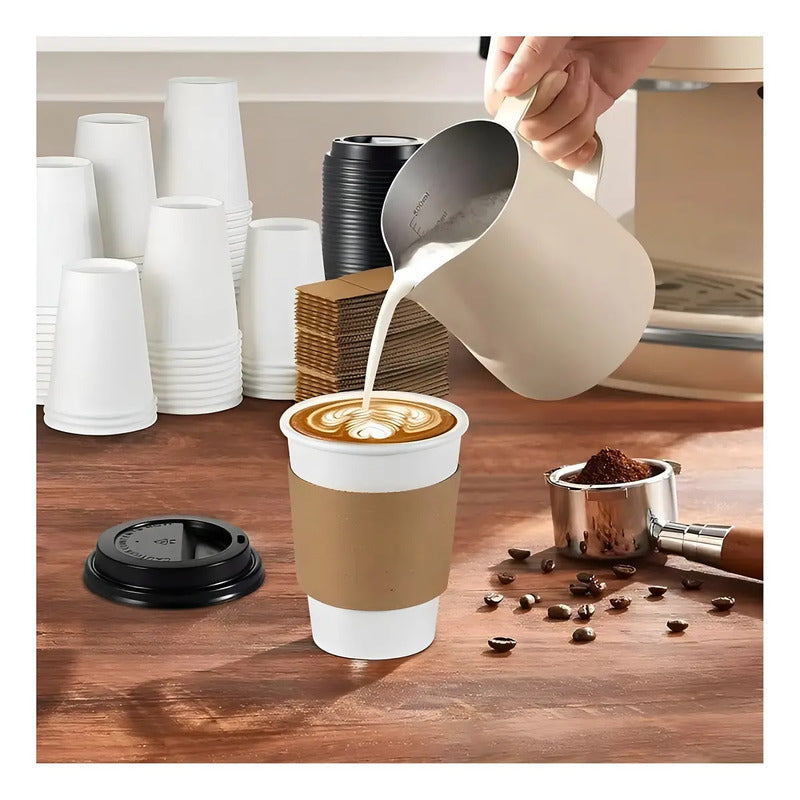 Vaso Cafe Kraft Vasos Polipapel Vaso C/tapa+manga 150und 8oz Termico Polipapel Vaso Con Tapa Kraft Vaso De Café... Blanco