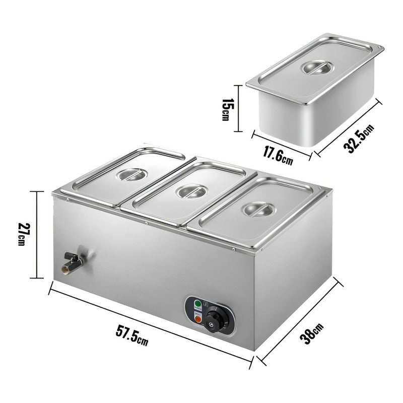 Chafer Buffet Electrico Baño Maria Bufetera 3 Depositos 5.5l Plateado