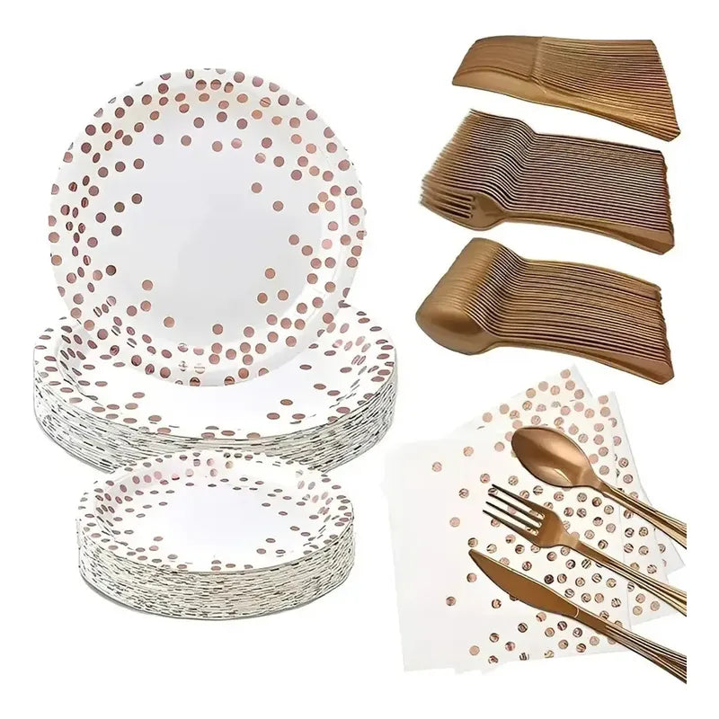 X111 Kit Cumpleaños Vasos Platos Servilletas Desechables Blanco/ Lunares Rosado