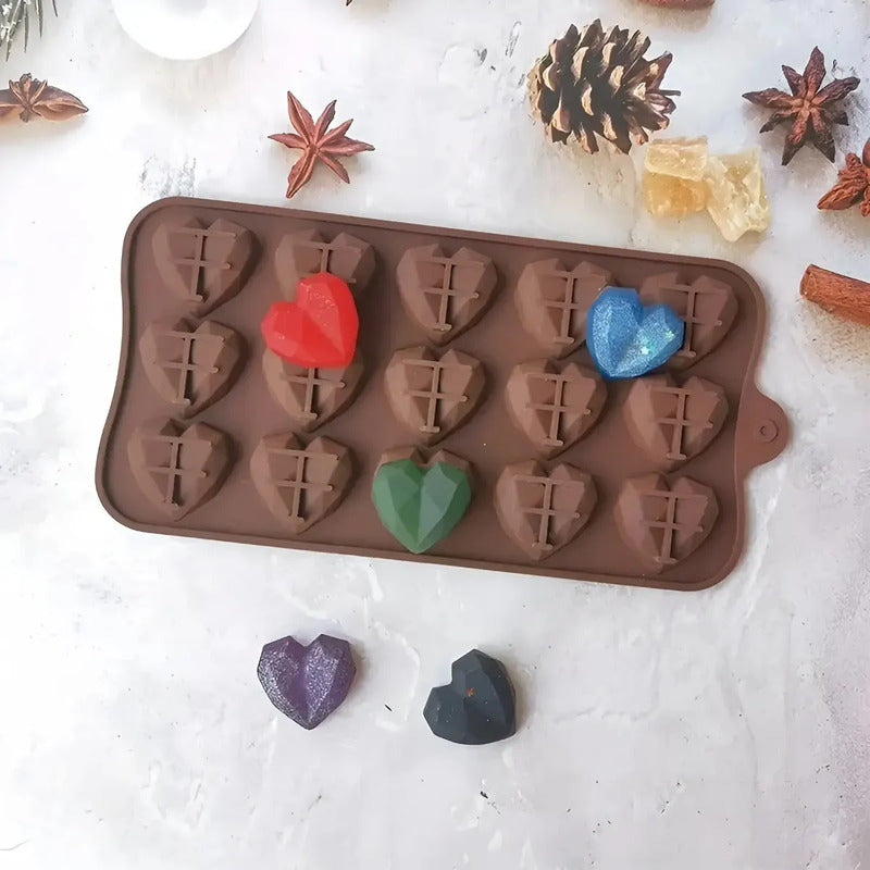 Molde Mini Corazon Diamante Molde Corazón Geometrico 15 Moldes De Silicona Para Chocolate Artesanal Insumos Reposteria Decoraciones Molde De Silicona Profesional Para Repostería Pasteleriuscl Marrón