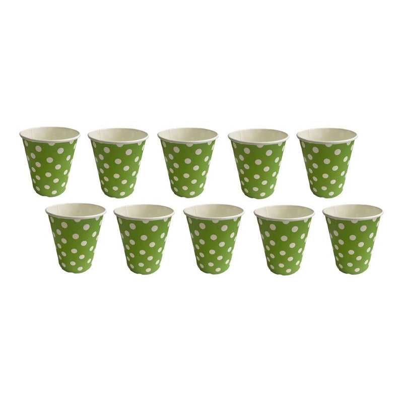 10 Vasos Desechables Decoración Vaso Cumpleaños  Verde 1615 Verde Con Lunares Blancos