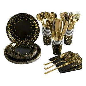 111 Vajilla De Cumpleaños Servilleta Platos Vaso Desechables Negro/ Lunares Dorado