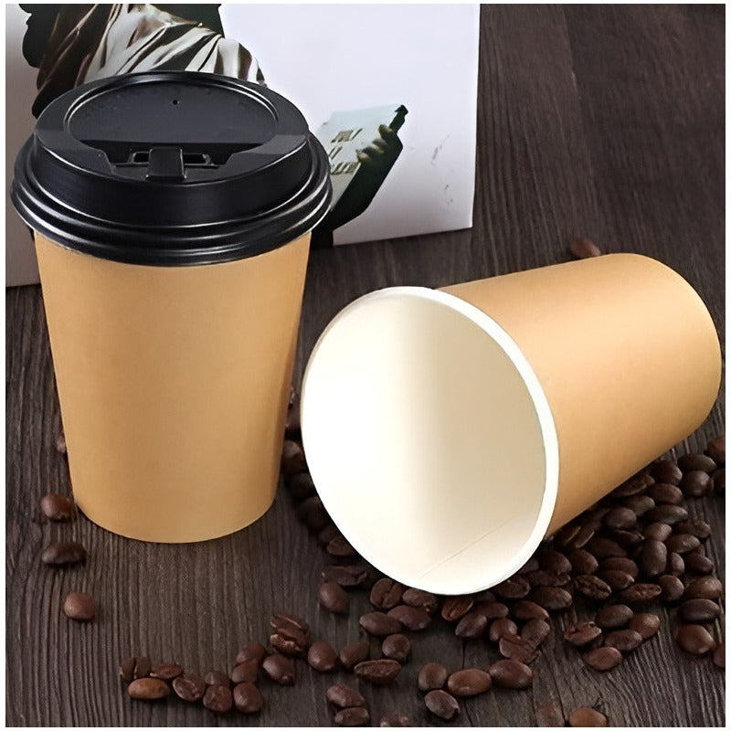 X150 Vasos Para Cafe Vaso Kraft Vaso Polipapel C/tapa 12oz Beige.