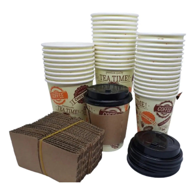 Vaso Cafe Polipapel Vaso Kraft Vaso C/tapa+manga 12oz 100und Vaso Para Bebida Caliente Vaso Chocolate Vasos Para Cafe Vaso Desechable Termico Vaso Polipapel Tazas De Café Kraft Pasteleriuscl Blanco