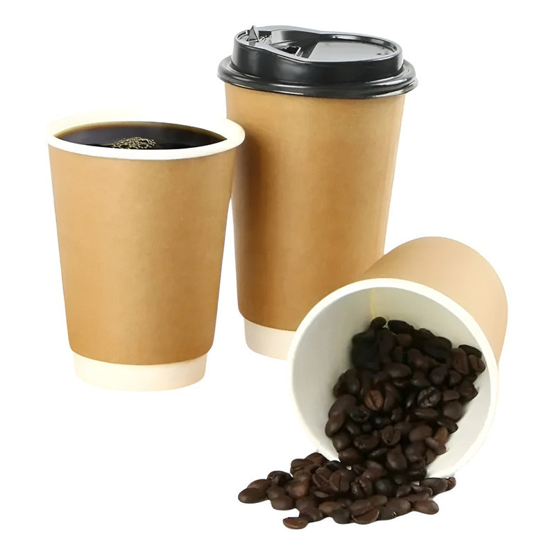 Set 100 Vasos Desechables Kraft Vaso Doble Pared C/tapa 12oz Marrón Claro / Vaso Kraft Doble Pared 12oz