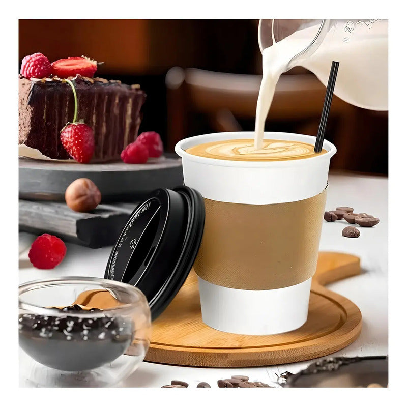 Vaso Cafe Kraft Vasos Polipapel Vaso C/tapa+manga 150und 8oz Termico Polipapel Vaso Con Tapa Kraft Vaso De Café... Blanco
