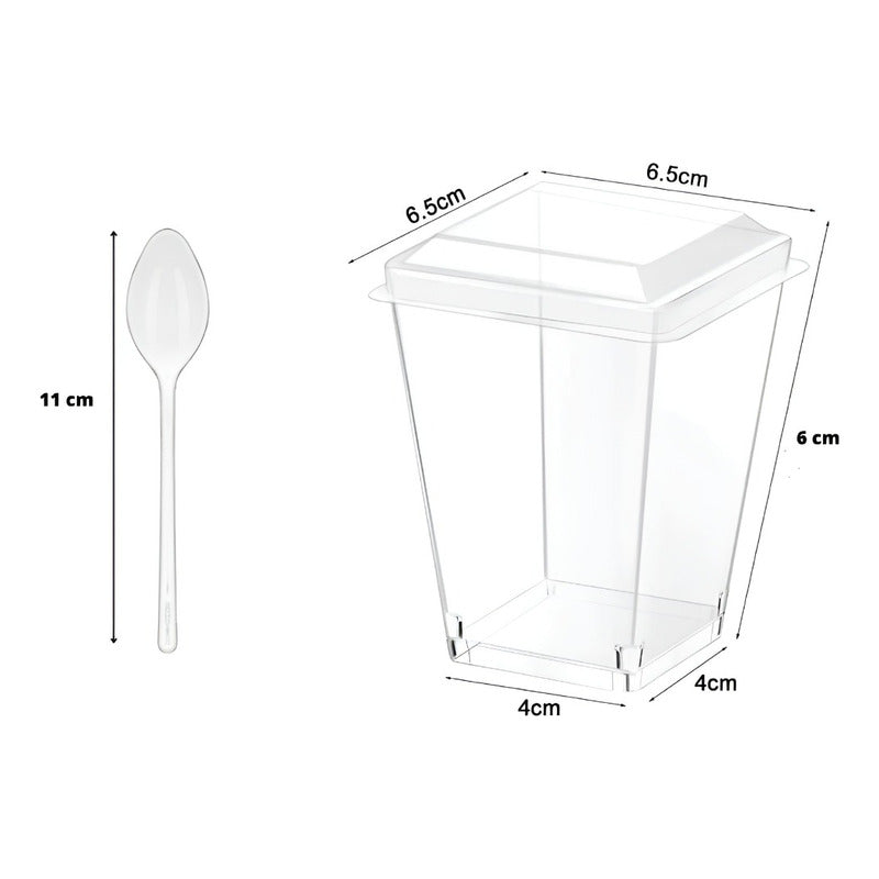 10 Set De Vasos Shot Postres Con Tapa 50 Cucharas Acrílico Transparente 046