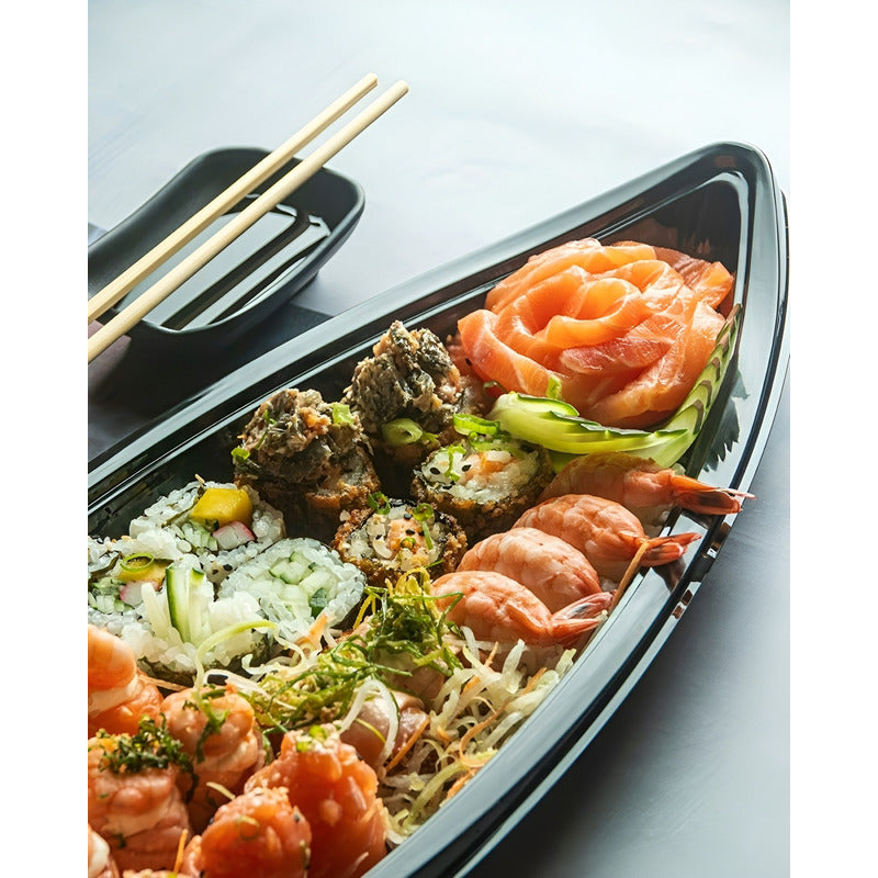 100 Envases Barcos De Sushi Bandeja C/tapa Barco Para Sushi Negro / Envase Para Sushi Sin Divisiones