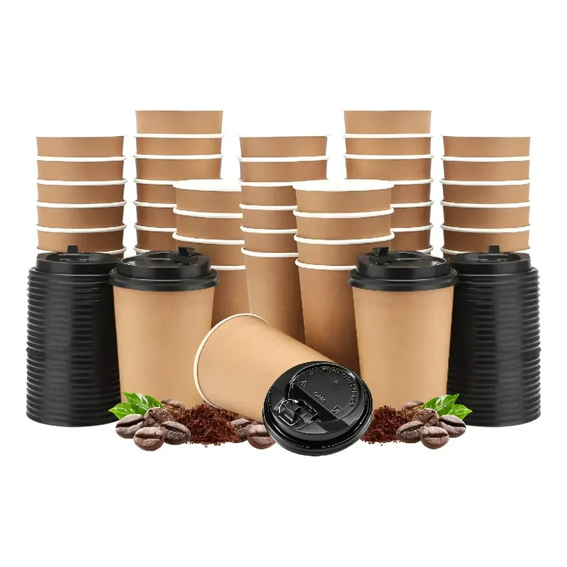 50 Vaso Kraft Vasos Para Cafe Vaso Papel Kraft C/tapa 12oz Vaso Desechable Café Vasos Termicos Desechables Vaso Café... Beige