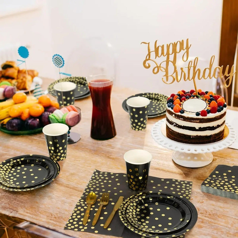 111 Kit Cumpleaños Vasos Plato Servilleta Desechables Negro Negro/ Lunares Dorado