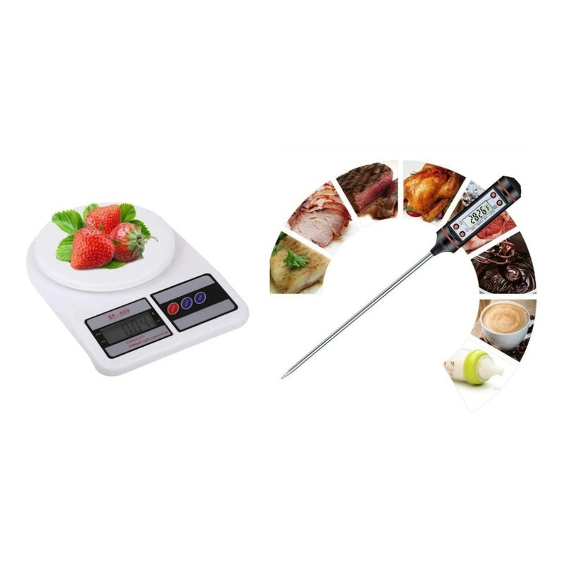 Set Balanza Digital Pesa Cocina Digital + Termometro Digital Blanco 5 Kg