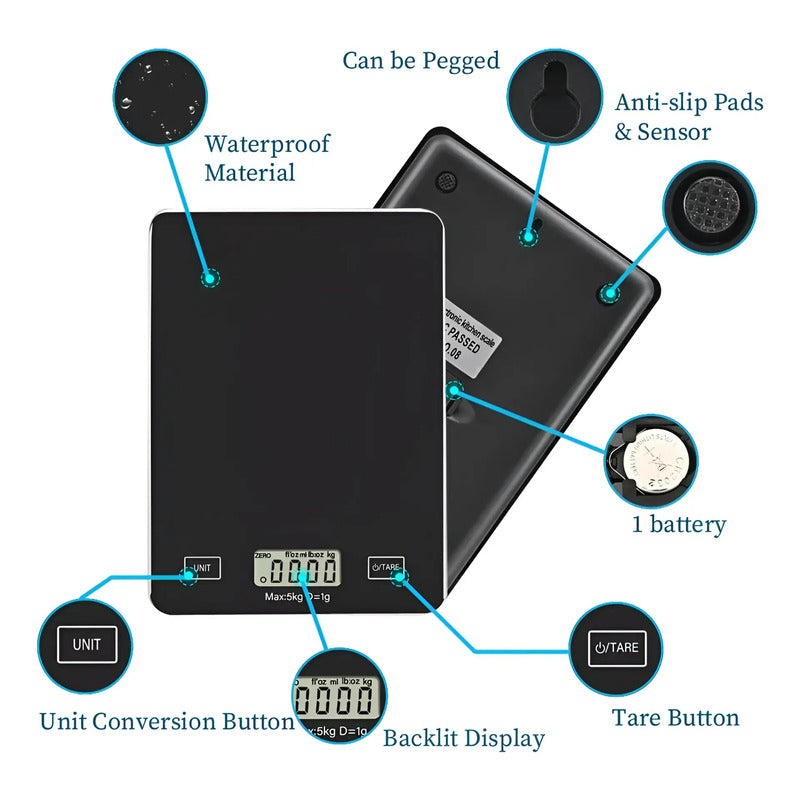 Gramera Digital Pesa Gramera Cocina Pesa Alimentos 5kg/0.01g Negro 5 Kg