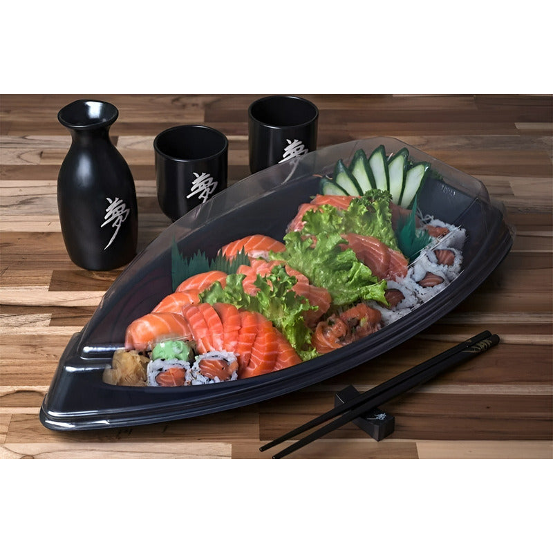 100 Envases Barcos De Sushi Bandeja C/tapa Barco Para Sushi Negro / Envase Para Sushi Sin Divisiones