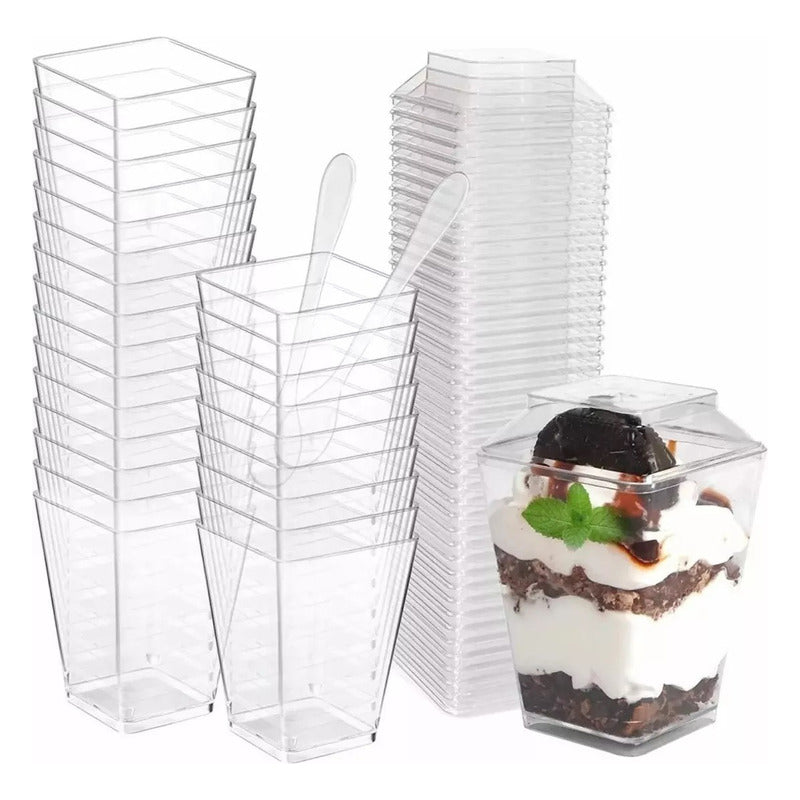 10 Set De Vasos Shot Postres Con Tapa 50 Cucharas Acrílico Transparente 046